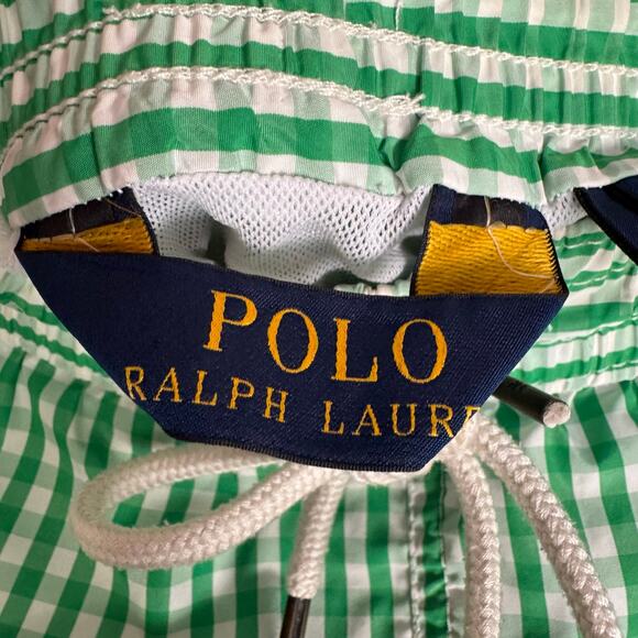 Polo Ralph Lauren Swim Trunks Green Gingham Mesh Lined Large Beach Vacation Pool - Picture 7 of 8